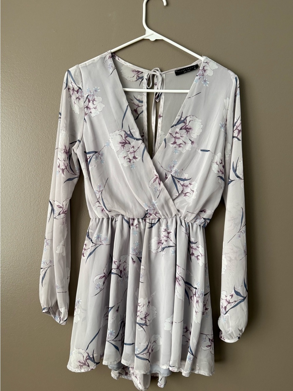 Final Touch Light Gray Floral Long-Sleeve Wrap Romper Dress